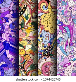 Set of tracery colorful seamless patterns. Vertical stripes. Curved doodling backgrounds for textile or printing with mehndi and ethnic motives. Vector
