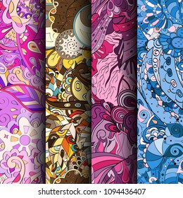 Set of tracery colorful seamless patterns. Vertical stripes. Curved doodling backgrounds for textile or printing with mehndi and ethnic motives. Vector