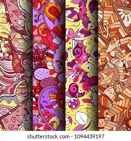 Set of tracery colorful seamless patterns. Vertical stripes. Curved doodling backgrounds for textile or printing with mehndi and ethnic motives. Vector
