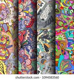 Set of tracery colorful seamless patterns. Vertical stripes. Curved doodling backgrounds for textile or printing with mehndi and ethnic motives. Vector