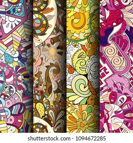 Set of tracery colorful seamless patterns. Vertical stripes. Curved doodling backgrounds for textile or printing with mehndi and ethnic motives. Vector