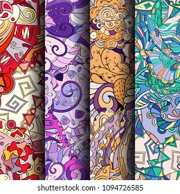 Set of tracery colorful seamless patterns. Vertical stripes. Curved doodling backgrounds for textile or printing with mehndi and ethnic motives. Vector