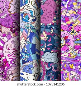 Set of tracery colorful seamless patterns. Vertical stripes. Curved doodling backgrounds for textile or printing with mehndi and ethnic motives. Vector