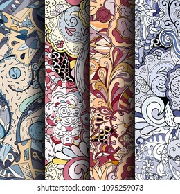 Set of tracery colorful seamless patterns. Vertical stripes. Curved doodling backgrounds for textile or printing with mehndi and ethnic motives. Vector