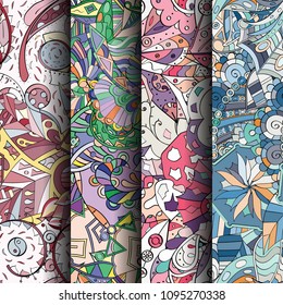 Set of tracery colorful seamless patterns. Vertical stripes. Curved doodling backgrounds for textile or printing with mehndi and ethnic motives. Vector