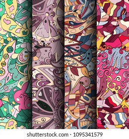 Set of tracery colorful seamless patterns. Vertical stripes. Curved doodling backgrounds for textile or printing with mehndi and ethnic motives. Vector