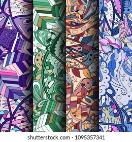 Set of tracery colorful seamless patterns. Vertical stripes. Curved doodling backgrounds for textile or printing with mehndi and ethnic motives. Vector
