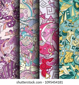 Set of tracery colorful seamless patterns. Vertical stripes. Curved doodling backgrounds for textile or printing with mehndi and ethnic motives. Vector