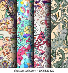 Set of tracery colorful seamless patterns. Vertical stripes. Curved doodling backgrounds for textile or printing with mehndi and ethnic motives. Vector