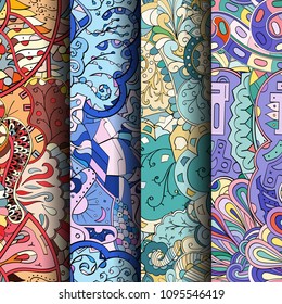 Set of tracery colorful seamless patterns. Vertical stripes. Curved doodling backgrounds for textile or printing with mehndi and ethnic motives. Vector