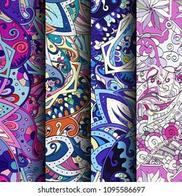 Set of tracery colorful seamless patterns. Vertical stripes. Curved doodling backgrounds for textile or printing with mehndi and ethnic motives. Vector