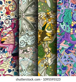 Set of tracery colorful seamless patterns. Vertical stripes. Curved doodling backgrounds for textile or printing with mehndi and ethnic motives. Vector