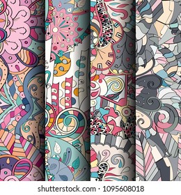 Set of tracery colorful seamless patterns. Vertical stripes. Curved doodling backgrounds for textile or printing with mehndi and ethnic motives. Vector