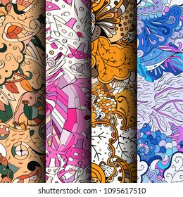 Set of tracery colorful seamless patterns. Vertical stripes. Curved doodling backgrounds for textile or printing with mehndi and ethnic motives. Vector