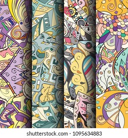 Set of tracery colorful seamless patterns. Vertical stripes. Curved doodling backgrounds for textile or printing with mehndi and ethnic motives. Vector