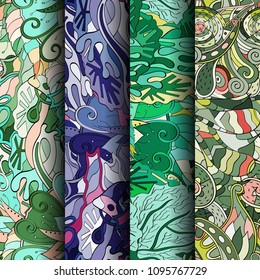 Set of tracery colorful seamless patterns. Vertical stripes. Curved doodling backgrounds for textile or printing with mehndi and ethnic motives. Vector