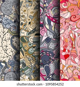 Set of tracery colorful seamless patterns. Vertical stripes. Curved doodling backgrounds for textile or printing with mehndi and ethnic motives. Vector