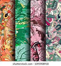 Set of tracery colorful seamless patterns. Vertical stripes. Curved doodling backgrounds for textile or printing with mehndi and ethnic motives. Vector