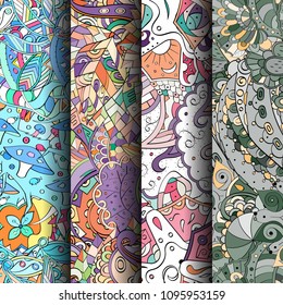 Set of tracery colorful seamless patterns. Vertical stripes. Curved doodling backgrounds for textile or printing with mehndi and ethnic motives. Vector