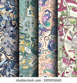 Set of tracery colorful seamless patterns. Vertical stripes. Curved doodling backgrounds for textile or printing with mehndi and ethnic motives. Vector