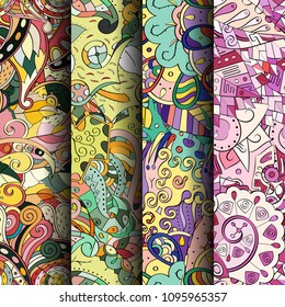 Set of tracery colorful seamless patterns. Vertical stripes. Curved doodling backgrounds for textile or printing with mehndi and ethnic motives. Vector