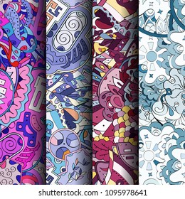 Set of tracery colorful seamless patterns. Vertical stripes. Curved doodling backgrounds for textile or printing with mehndi and ethnic motives. Vector