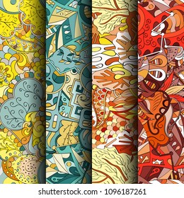 Set of tracery colorful seamless patterns. Vertical stripes. Curved doodling backgrounds for textile or printing with mehndi and ethnic motives. Vector