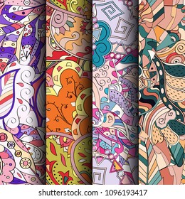 Set of tracery colorful seamless patterns. Vertical stripes. Curved doodling backgrounds for textile or printing with mehndi and ethnic motives. Vector