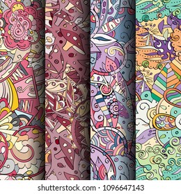 Set of tracery colorful seamless patterns. Vertical stripes. Curved doodling backgrounds for textile or printing with mehndi and ethnic motives. Vector