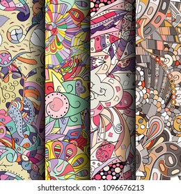 Set of tracery colorful seamless patterns. Vertical stripes. Curved doodling backgrounds for textile or printing with mehndi and ethnic motives. Vector
