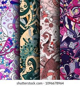 Set of tracery colorful seamless patterns. Vertical stripes. Curved doodling backgrounds for textile or printing with mehndi and ethnic motives. Vector