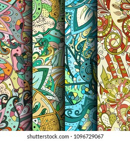 Set of tracery colorful seamless patterns. Vertical stripes. Curved doodling backgrounds for textile or printing with mehndi and ethnic motives. Vector