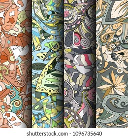 Set of tracery colorful seamless patterns. Vertical stripes. Curved doodling backgrounds for textile or printing with mehndi and ethnic motives. Vector