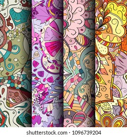 Set of tracery colorful seamless patterns. Vertical stripes. Curved doodling backgrounds for textile or printing with mehndi and ethnic motives. Vector