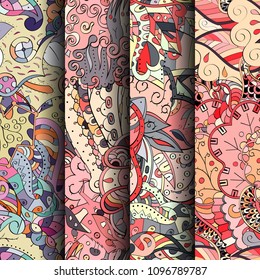 Set of tracery colorful seamless patterns. Vertical stripes. Curved doodling backgrounds for textile or printing with mehndi and ethnic motives. Vector