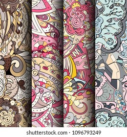 Set of tracery colorful seamless patterns. Vertical stripes. Curved doodling backgrounds for textile or printing with mehndi and ethnic motives. Vector