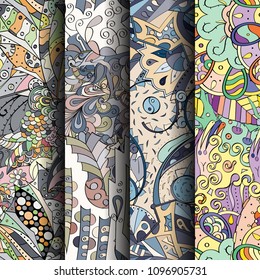 Set of tracery colorful seamless patterns. Vertical stripes. Curved doodling backgrounds for textile or printing with mehndi and ethnic motives. Vector