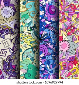 Set of tracery colorful seamless patterns. Vertical stripes. Curved doodling backgrounds for textile or printing with mehndi and ethnic motives. Vector