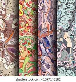 Set of tracery colorful seamless patterns. Vertical stripes. Curved doodling backgrounds for textile or printing with mehndi and ethnic motives. Vector
