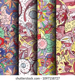 Set of tracery colorful seamless patterns. Vertical stripes. Curved doodling backgrounds for textile or printing with mehndi and ethnic motives. Vector