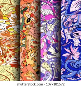 Set of tracery colorful seamless patterns. Vertical stripes. Curved doodling backgrounds for textile or printing with mehndi and ethnic motives. Vector