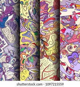 Set of tracery colorful seamless patterns. Vertical stripes. Curved doodling backgrounds for textile or printing with mehndi and ethnic motives. Vector