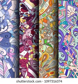 Set of tracery colorful seamless patterns. Vertical stripes. Curved doodling backgrounds for textile or printing with mehndi and ethnic motives. Vector
