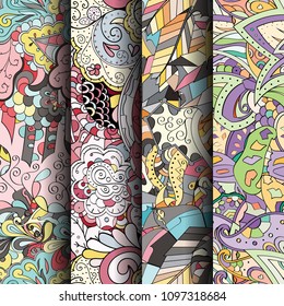 Set of tracery colorful seamless patterns. Vertical stripes. Curved doodling backgrounds for textile or printing with mehndi and ethnic motives. Vector