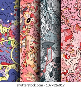 Set of tracery colorful seamless patterns. Vertical stripes. Curved doodling backgrounds for textile or printing with mehndi and ethnic motives. Vector