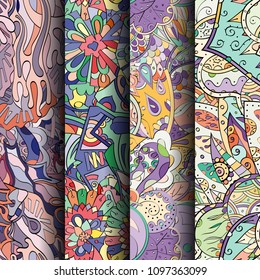 Set of tracery colorful seamless patterns. Vertical stripes. Curved doodling backgrounds for textile or printing with mehndi and ethnic motives. Vector