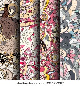 Set of tracery colorful seamless patterns. Vertical stripes. Curved doodling backgrounds for textile or printing with mehndi and ethnic motives. Vector