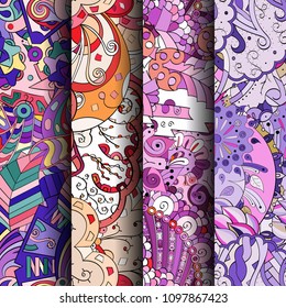 Set of tracery colorful seamless patterns. Vertical stripes. Curved doodling backgrounds for textile or printing with mehndi and ethnic motives. Vector
