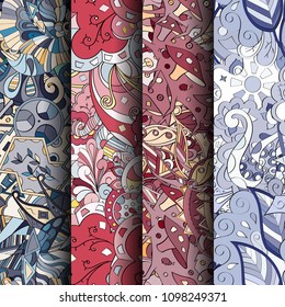 Set of tracery colorful seamless patterns. Vertical stripes. Curved doodling backgrounds for textile or printing with mehndi and ethnic motives. Vector