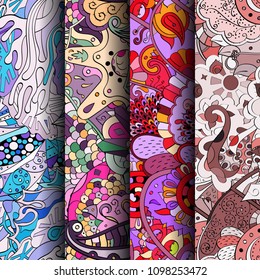 Set of tracery colorful seamless patterns. Vertical stripes. Curved doodling backgrounds for textile or printing with mehndi and ethnic motives. Vector